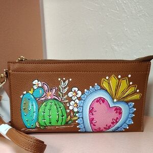 Crossbody Wristlet Combo Brown Painted Cactus Heart Floral Gold Hardware